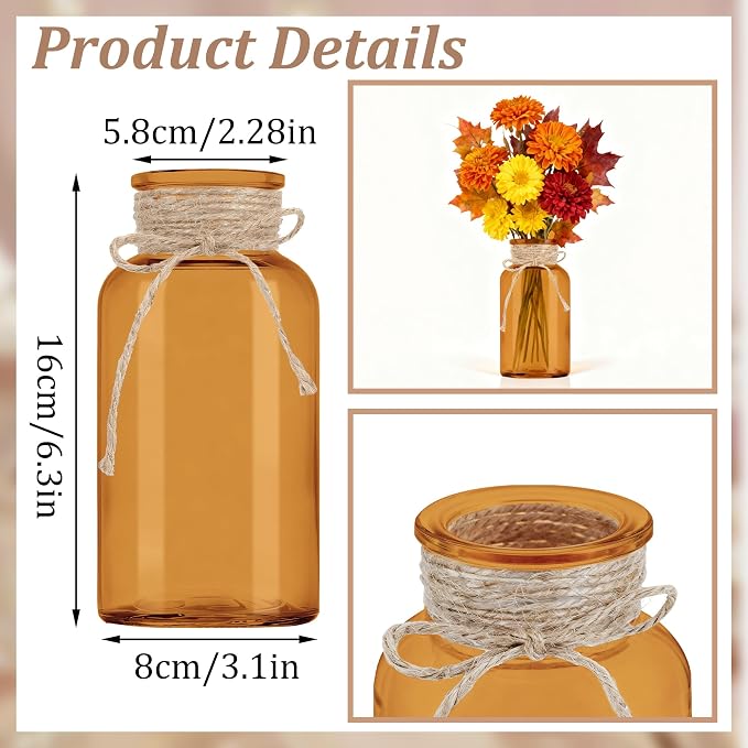 12 Pack Mason Jar Vases for Centerpieces, Amber Glass Flower Vase | Vintage - Image 2