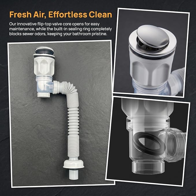 Bathroom Sink Drain Pipe with Flexible Corrugated Extension Tube, Flip-Top Seal - Image 2