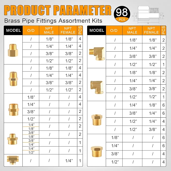 98PCS Brass Pipe Fittings Assortment Kit, 1/8" 1/4" 3/8" 1/2" NPT | Adapter - Image 2