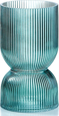 7.5 inch Vase for Flowers, Teal Ribbed Thickened Glass Vases, Hourglass Bud by TIMEFOTO