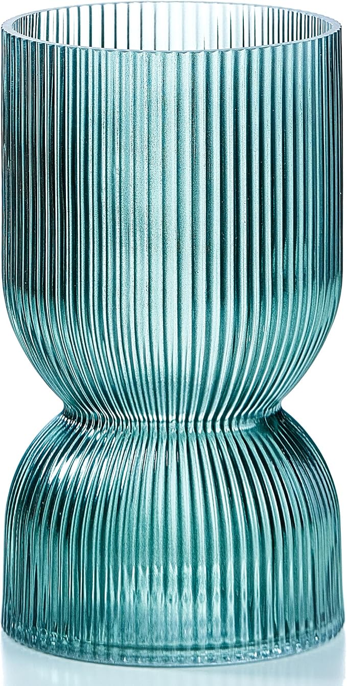 7.5 inch Vase for Flowers, Teal Ribbed Thickened Glass Vases, Hourglass Bud by TIMEFOTO
