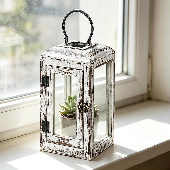 11" High Wooden Lantern Made of Solid Firwood in Whitwash - Image 5