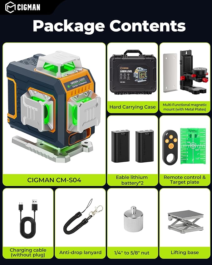 16 Lines Green Laser Level 4×360° Self Leveling, Side LCD, Pulse Mode - Image 9