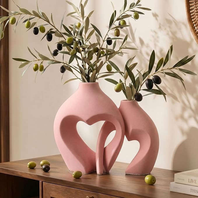 Ceramic Flower Vases Table Decor Heart Shaped Vase Set of 2 Pink | Nordic Heart - Image 3