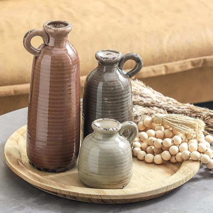 Ceramic Vases Set of 3, Neutral Rustic Farmhouse Vase - Image 7
