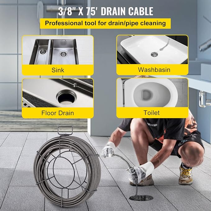 VEVOR Drain Cleaning Cable 75ft x 3/8 inch Solid Core Cable Sewer Cable - Image 2