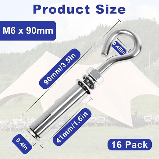 16 Pack 1/4" X 3-1/2" Expansion Eye Bolt, Concrete Eyebolt Anchors, Heavy Duty - Image 2