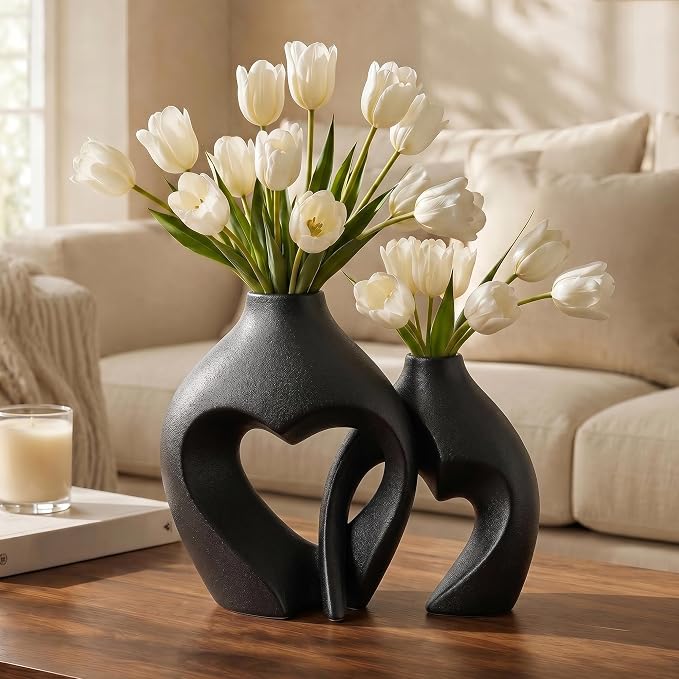 Black Ceramic Flower Vases Home Decor Heart Shaped Vase Set of 2 | Nordic Heart - Image 5