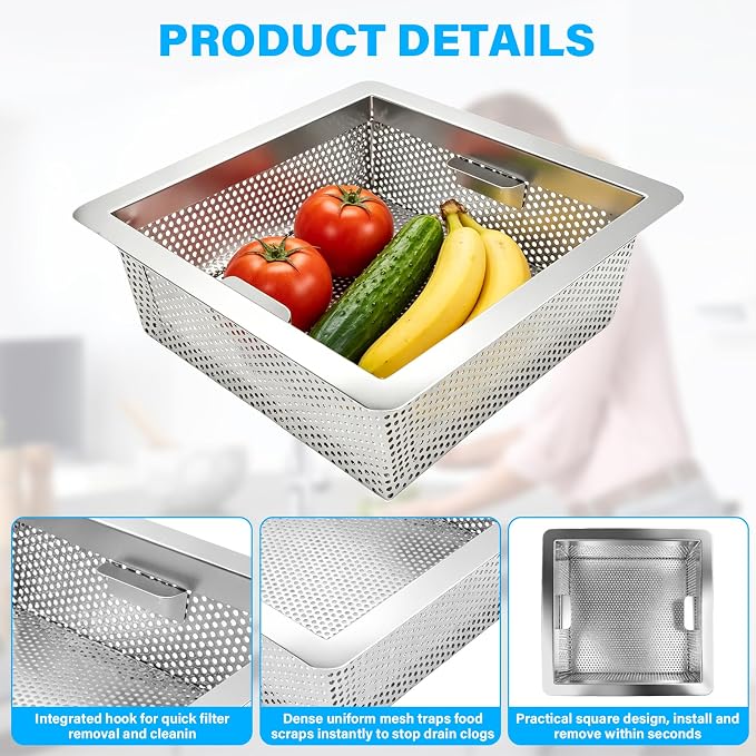 2-Pack Commercial Drain Strainer Baskets, 8.5 x 8.5 x 3 inches - Image 4