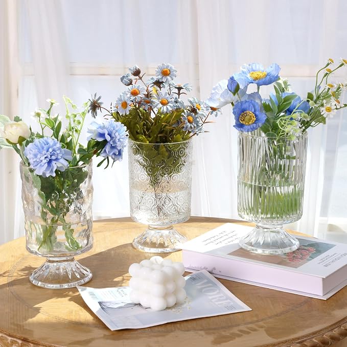 Fixwal Vases for Flowers Set of 3 Vintage Glass Vase for Centerpieces, Embossed - Image 3