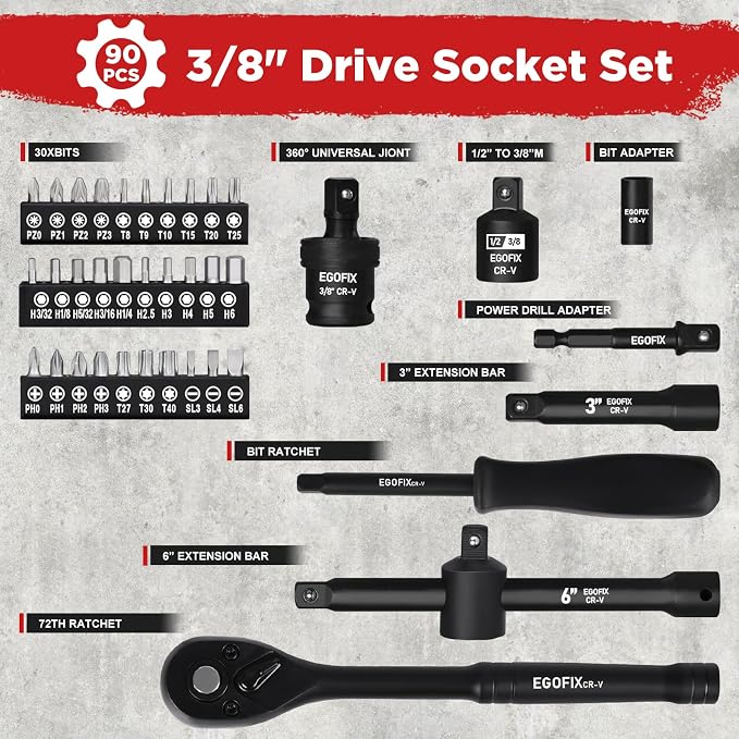 3/8" Drive Impact Socket Set, 90 Piece Metric Socket and Standard SAE Size 6 - Image 3