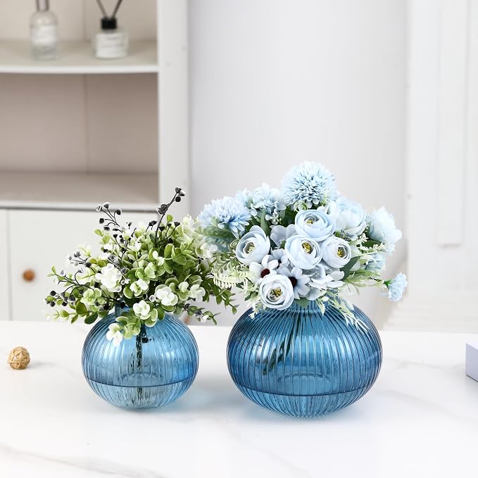 Blue Glass Vases for Tulips, Flower Vases for Bouquet, Ribbed Glass Vase for - Image 2
