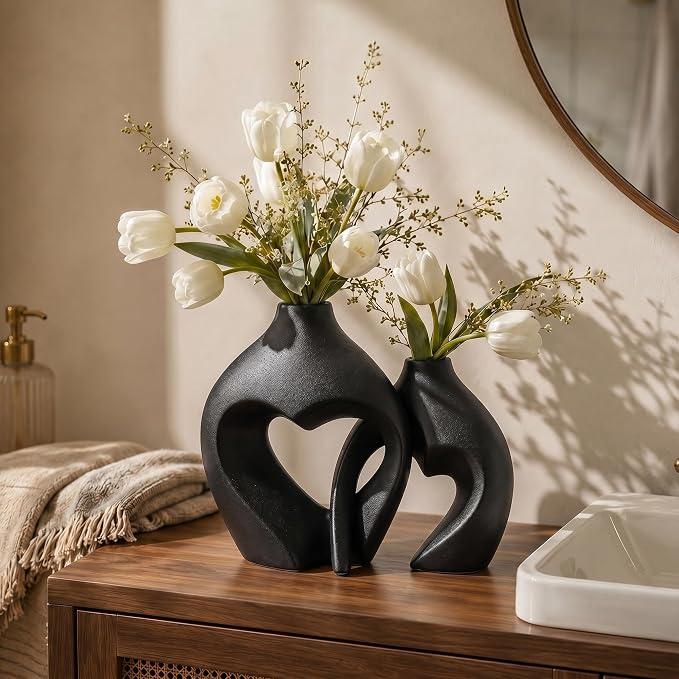 Black Ceramic Flower Vases Home Decor Heart Shaped Vase Set of 2 | Nordic Heart - Image 4