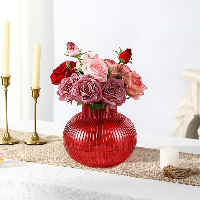 Red Glass Vase, Flower Vases for Bouquet, Ribbed Glass Vases for Flowers - Image 3