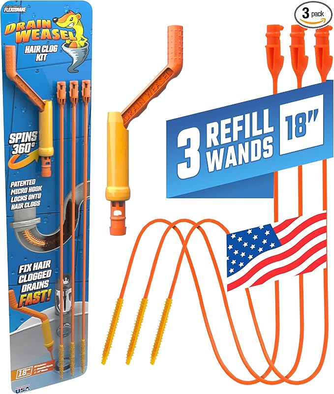 FlexiSnake Drain Weasel Sink Snake Hair Clog Remover Tool Kit, 3 Wands by FlexiSnakeInc