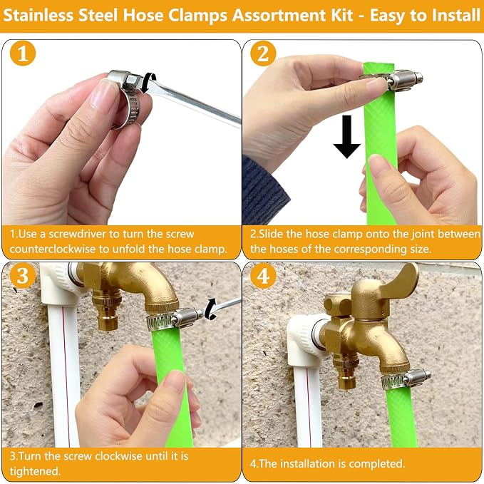 25 Pack Stainless Steel Hose Clamps Assortment Kit, Adjustable 8-57mm Worm Gear - Image 2