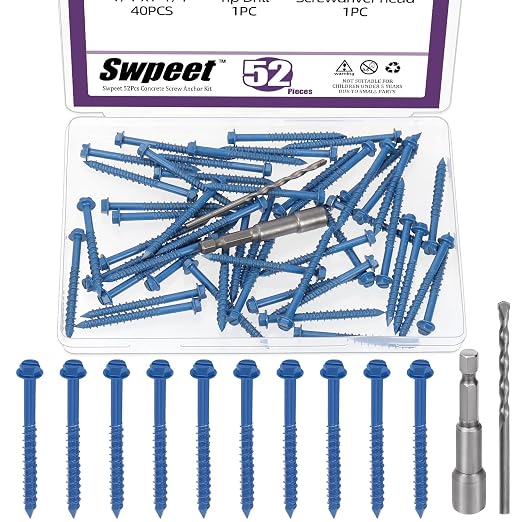 Swpeet 52Pcs 3/16" x 2-1/4" Slotted Hex Washer Head Concrete Screws Anchor by Swpeet