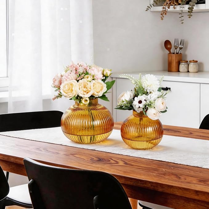 Amber Glass Vases for Tulips, Flower Vases for Bouquet, Ribbed Glass Vase for - Image 3