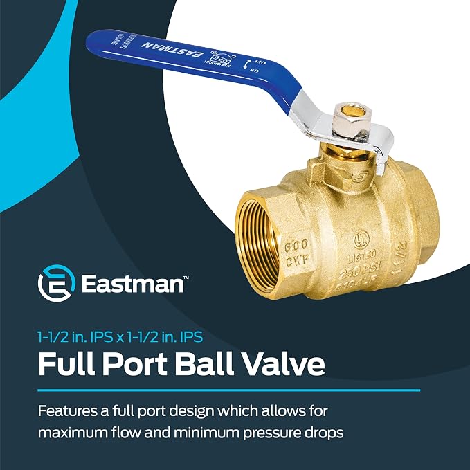 Eastman 1-1/2 Inch IPS Heavy Duty Full Port Ball Valve, Brass Plumbing Fitting - Image 2