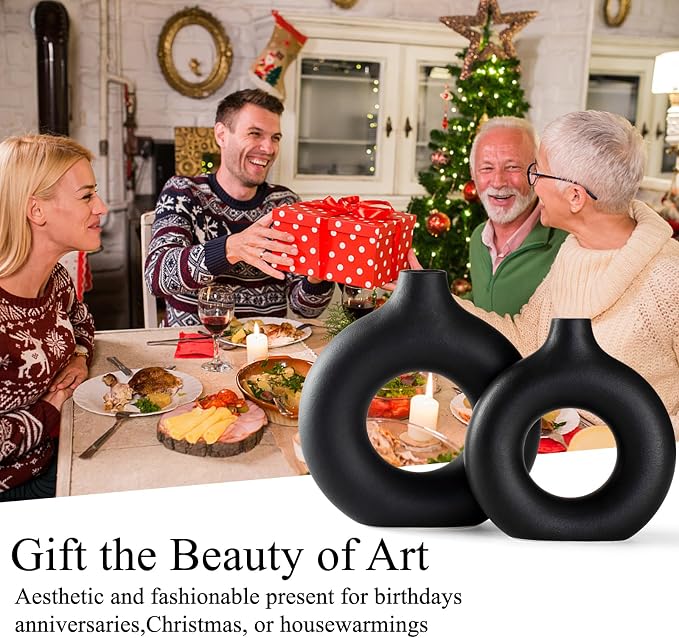 Black Ceramic Donut Vase Set of 2, Big Hollow Round Matte Pampas Flower Vases - Image 7