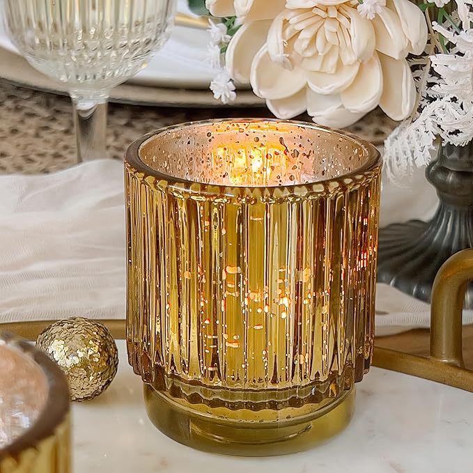 Kate Aspen Gold Votive Candle Holders-Vintage Ribbed Glass Candle Holder Set of - Image 2