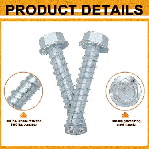 Hicarer 60 Pack 1/2 x 3 Inch Concrete Screws Galvanized - Image 3