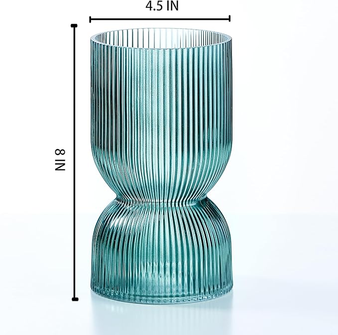 7.5 inch Vase for Flowers, Teal Ribbed Thickened Glass Vases, Hourglass Bud - Image 3