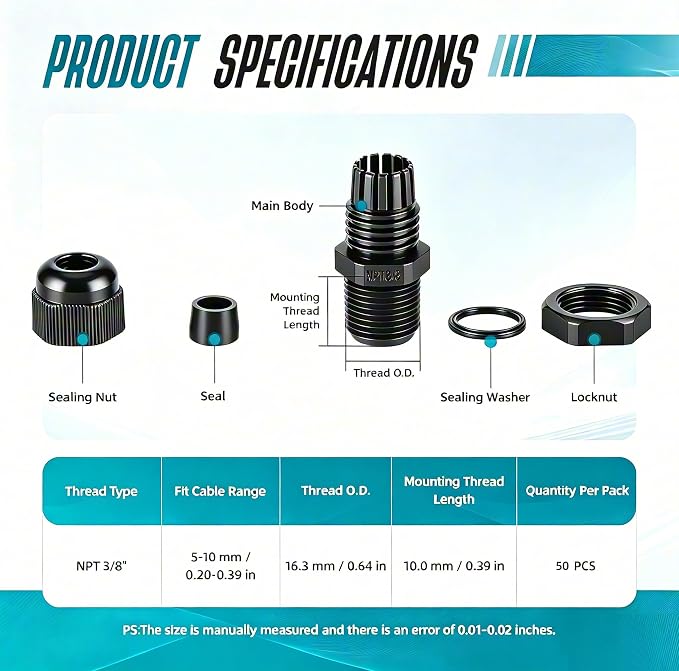 50 Pcs 3/8" NPT Cable Glands, IP68 Waterproof Adjustable Nylon Strain Relief - Image 3
