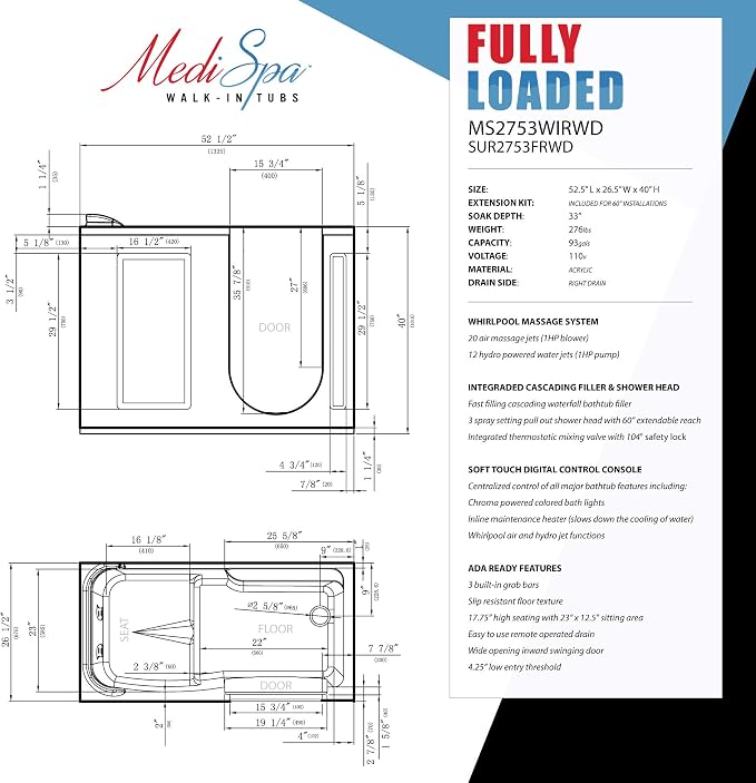 ANZZI Walk In Tub, 27 X 53 In, Left Drain, 12 Whirlpool & 18 Air Jets | - Image 9