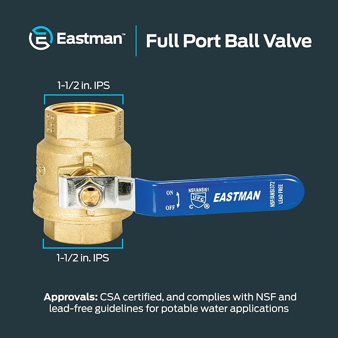 Eastman 1-1/2 Inch IPS Heavy Duty Full Port Ball Valve, Brass Plumbing Fitting - Image 6