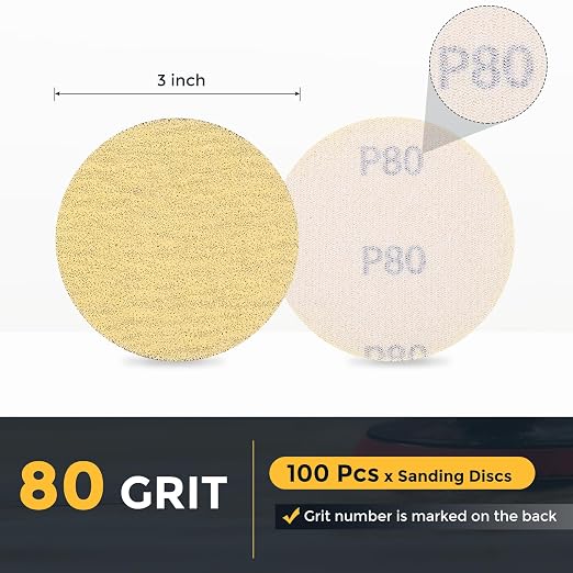 HARFINGTON 100 Pcs 3 Inch Sanding Discs 80 Grit Yellow Aluminum Oxide | Hook - Image 2