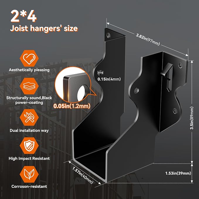 50 Pcs 2x4 Joist Hangers Black, 18 Gauge Face Mount Joist Hangers 2x4 Deck - Image 7