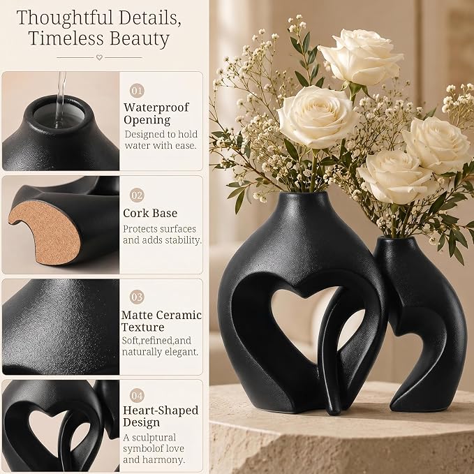 Black Ceramic Flower Vases Home Decor Heart Shaped Vase Set of 2 | Nordic Heart - Image 7