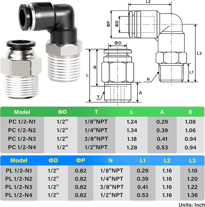 TAILONZ PNEUMATIC Elbow and Straight Combination 1/2 Inch Tube OD x 3/8 Inch - Image 2
