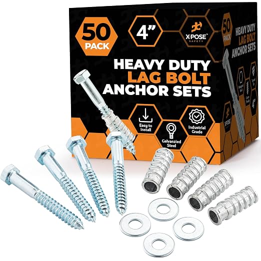 Concrete Anchors Set with 4" Lag Bolt, Lag Shield and Washer by XposeSafety