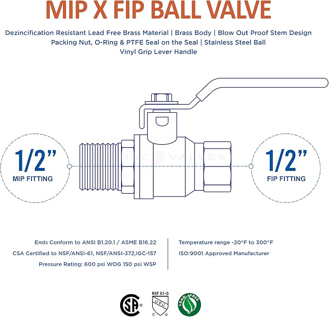 Midline Valve 822MF234 Premium Brass Full Port Ball Valve 1/2 in. FIP x MIP - Image 5