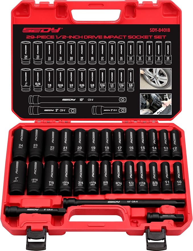 29-Piece 1/2" Drive Impact Socket Set, SAE and Metric Sizes by SEDY
