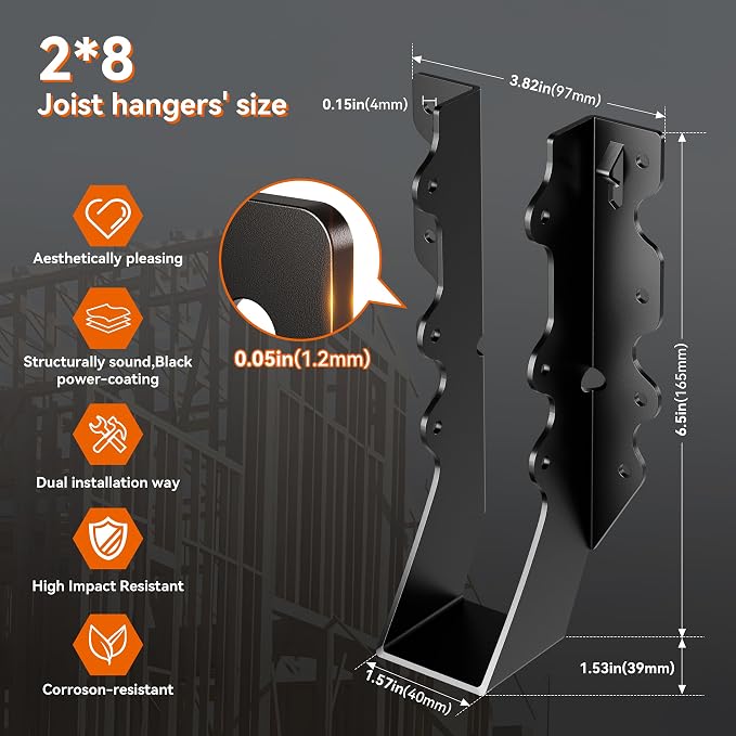 50 Pcs Black Joist Hangers 2x8, 18 Gauge Rafter Brackets, Hurricane Straps - Image 4