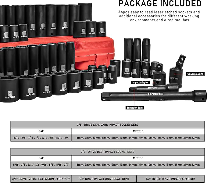 3/8" Drive Impact Socket Set 48Pcs, SAE and Metric | SAE and Metric, Extension - Image 2