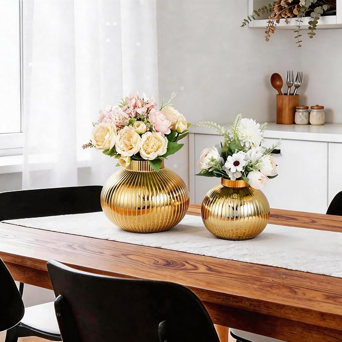 Gold Glass Vases for Tulips, Flower Vases for Bouquet, Ribbed Glass Vase for - Image 3