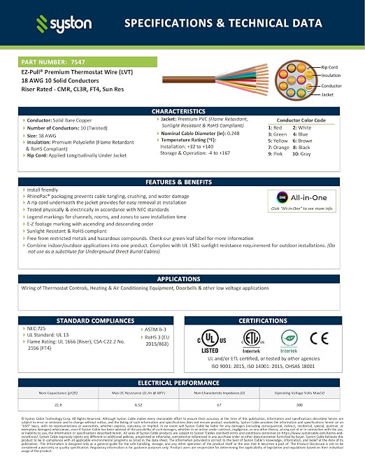 Syston 18/10 Thermostat HVAC Cable Wire, 100% Solid Copper, Riser/CL3R/CMR | 18 - Image 2