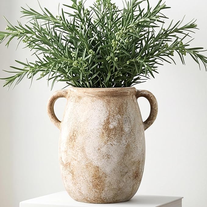 Ceramic Flower Vase with Handles, 7.9in Farmhouse Table Rustic Vases, by CUCUMI