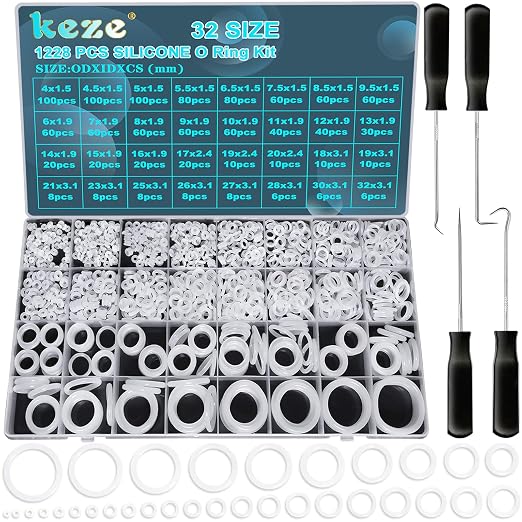 KEZE 1228 Pcs 32 Size Clear Food Grade Silicone O Rings Assortment Kit by KEZE