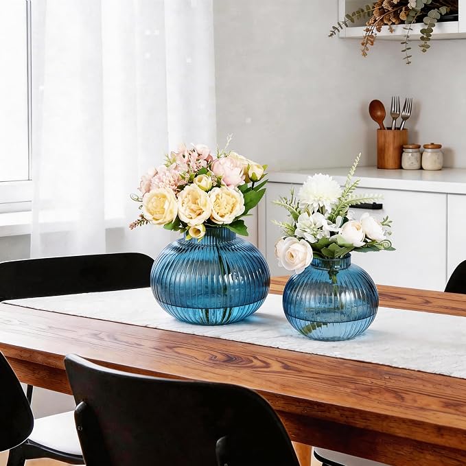 Blue Glass Vases for Tulips, Flower Vases for Bouquet, Ribbed Glass Vase for - Image 5