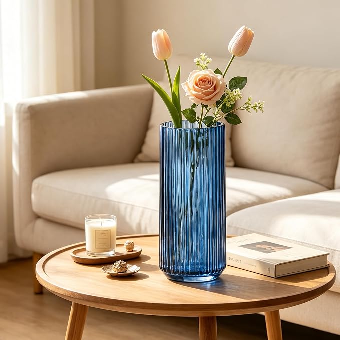 10 inch Blue Glass Flower Vase for Pampas Grass, Medium Decorative Centerpiece - Image 8