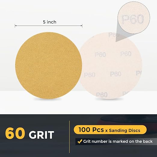 HARFINGTON 100 Pcs 5 Inch Sanding Discs 60 Grit Yellow Aluminum Oxide | Hook - Image 2