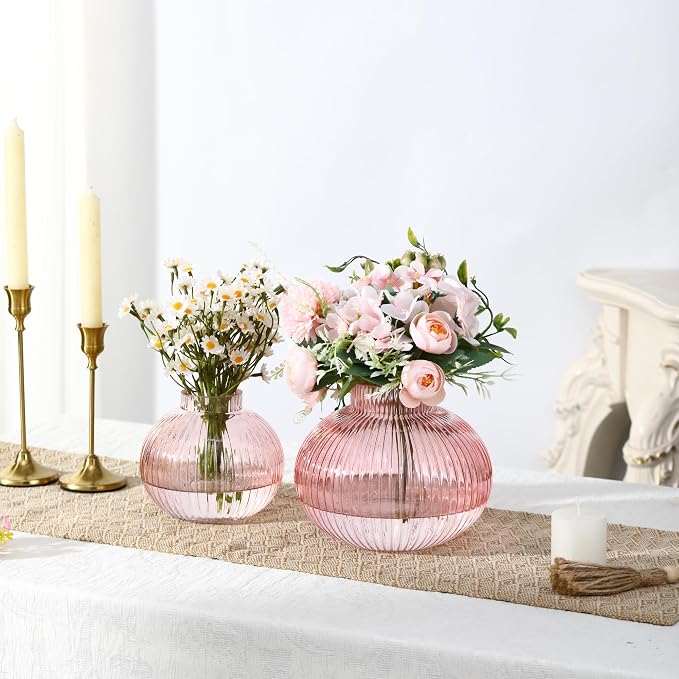 Pink Glass Vases for Tulips, Flower Vases for Bouquet, Ribbed Glass Vase for - Image 4