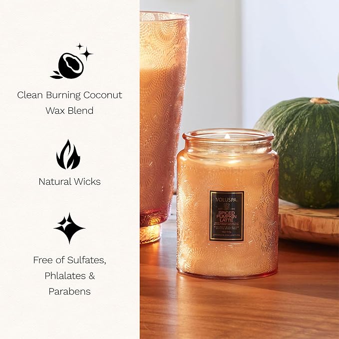 Voluspa Spiced Pumpkin Latte Large Scented Candle Jar 18 Oz, 100 Hr Burn | - Image 4