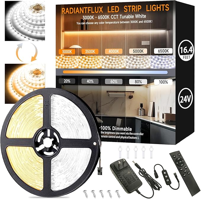 16.4ft Dimmable White LED Strip Light Kit, Dimmable 3000K-6500K, 24V Strip by RadiantFlux