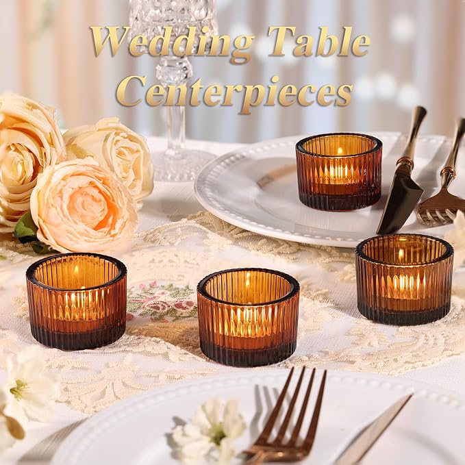 4 Pack Tealight Amber Candle Holders, Votive Tea Light Candle Holder | Glass - Image 3